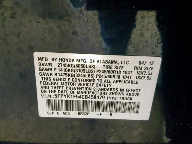 5FPYK1F54CB458479 - 2012 HONDA RIDGELINE BLUE photo 10