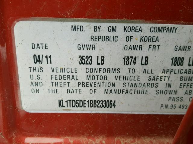 KL1TD5DE1BB233064 - 2011 CHEVROLET AVEO LS RED photo 10