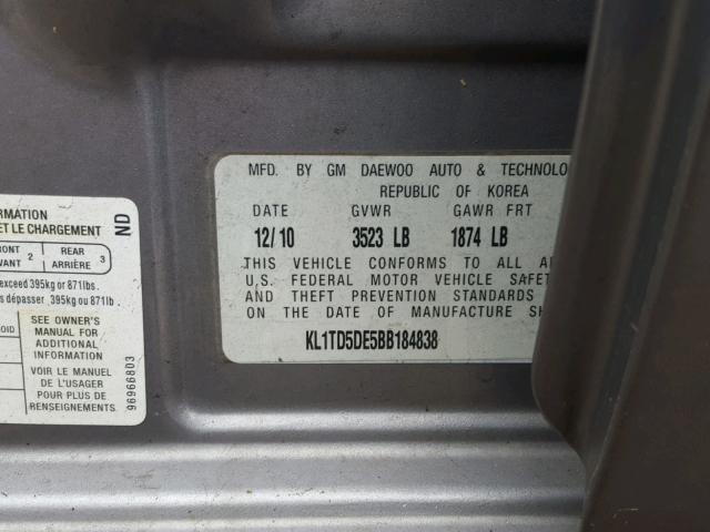 KL1TD5DE5BB184838 - 2011 CHEVROLET AVEO LS GRAY photo 10