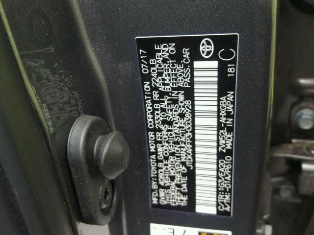 JTDKARFP3H3038928 - 2017 TOYOTA PRIUS PRIM 灰色 照片 10