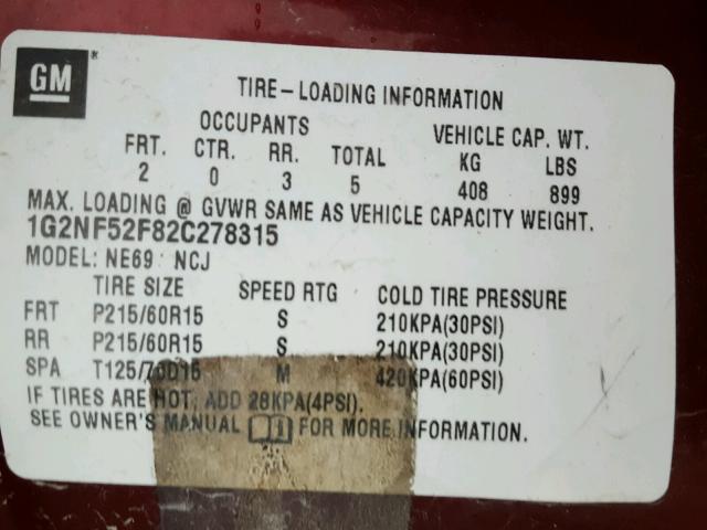 1G2NF52F82C278315 - 2002 PONTIAC GRAND AM S RED photo 10