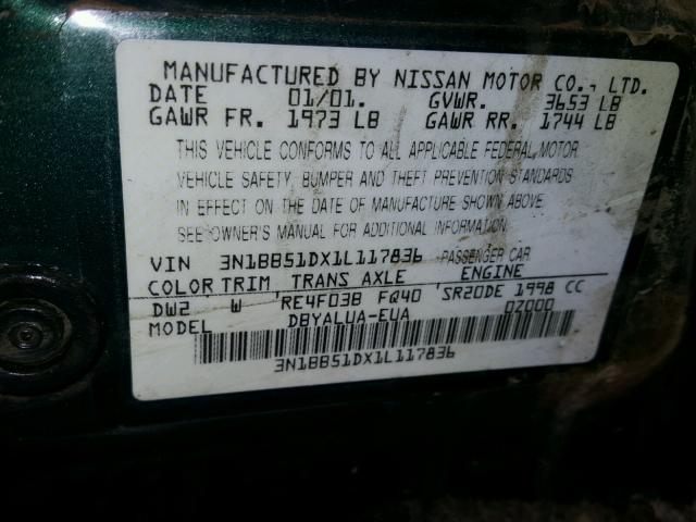 3N1BB51DX1L117836 - 2001 NISSAN SENTRA SE GREEN photo 10