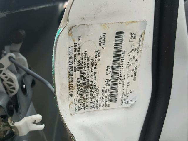 1FAFP55S03G233987 - 2003 FORD TAURUS SES WHITE photo 10