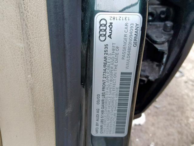 WAULD64B03N094093 - 2003 AUDI A6 2.7T QU GREEN photo 10