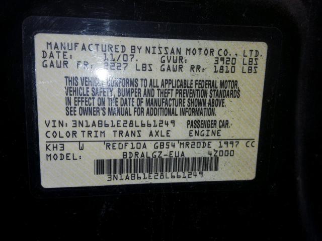 3N1AB61E28L661249 - 2008 NISSAN SENTRA 2.0 BLACK photo 10