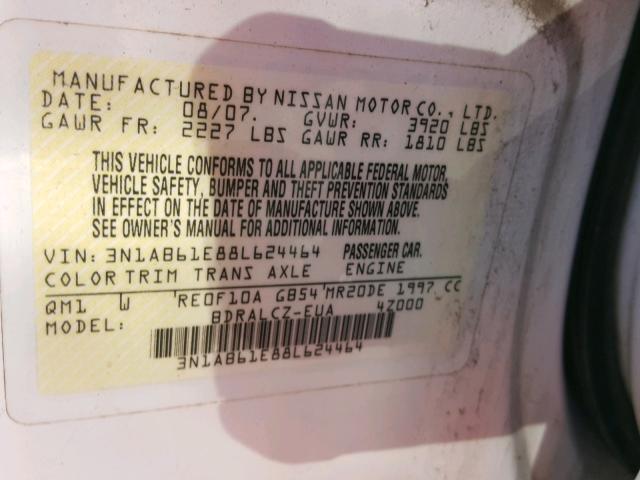 3N1AB61E88L624464 - 2008 NISSAN SENTRA 2.0 WHITE photo 10