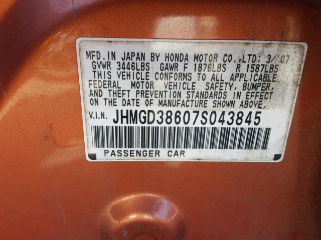JHMGD38607S043845 - 2007 HONDA FIT S 橙色 照片 10
