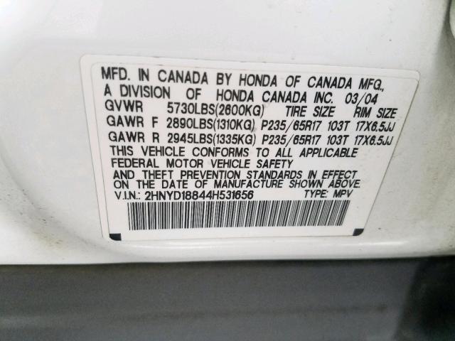 2HNYD18844H531656 - 2004 ACURA MDX TOURIN WHITE photo 10