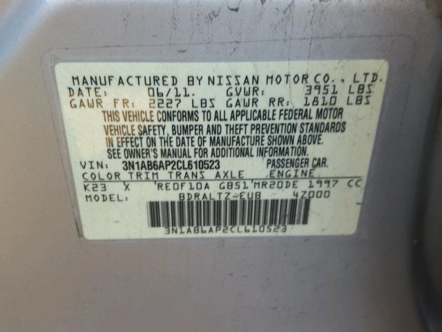 3N1AB6AP2CL610523 - 2012 NISSAN SENTRA 2.0 SILVER photo 10