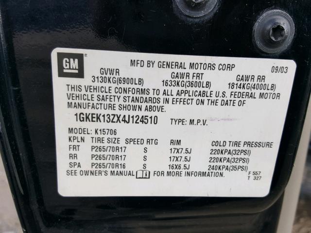 1GKEK13ZX4J124510 - 2004 GMC YUKON BLACK photo 10