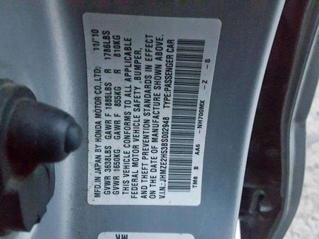 JHMZE2H53BS002948 - 2011 HONDA INSIGHT LX SILVER photo 10