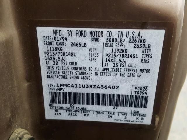 1FMCA11U3RZA36402 - 1994 FORD AEROSTAR GOLD photo 10