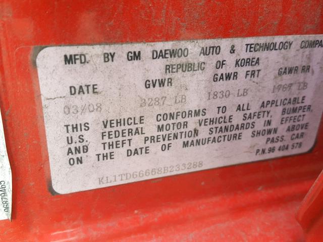 KL1TD66668B233288 - 2008 CHEVROLET AVEO BASE Qırmızı foto 10