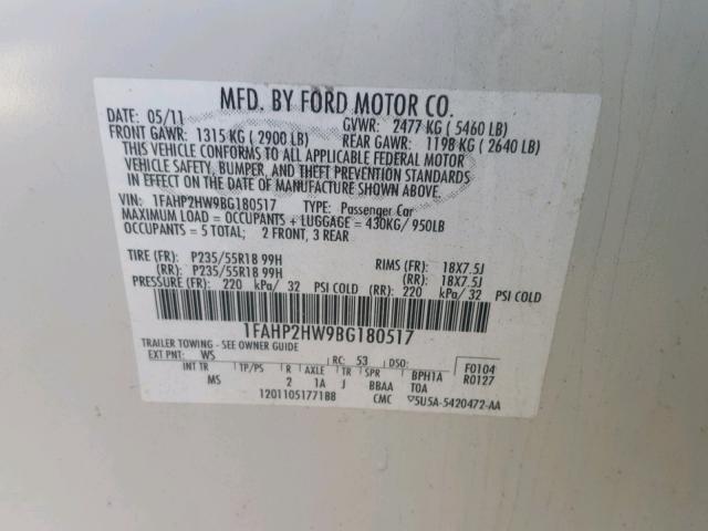 1FAHP2HW9BG180517 - 2011 FORD TAURUS SEL WHITE photo 10