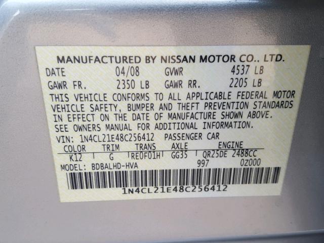 1N4CL21E48C256412 - 2008 NISSAN ALTIMA HYB SILVER photo 10