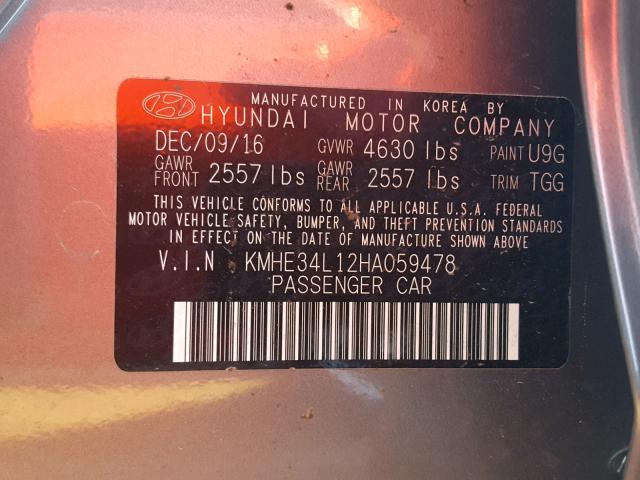 KMHE34L12HA059478 - 2017 HYUNDAI SONATA HYB GRAY photo 10