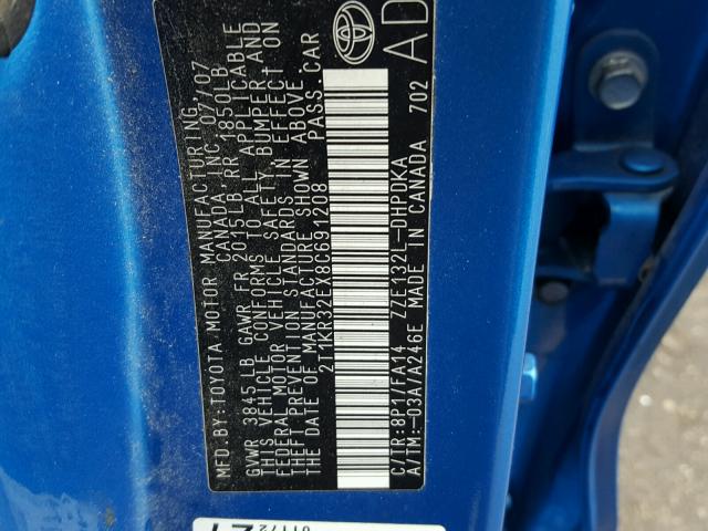 2T1KR32EX8C691208 - 2008 TOYOTA COROLLA MA BLUE photo 10