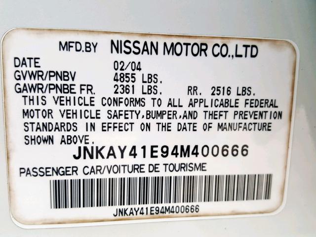 JNKAY41E94M400666 - 2004 INFINITI M45 WHITE photo 10