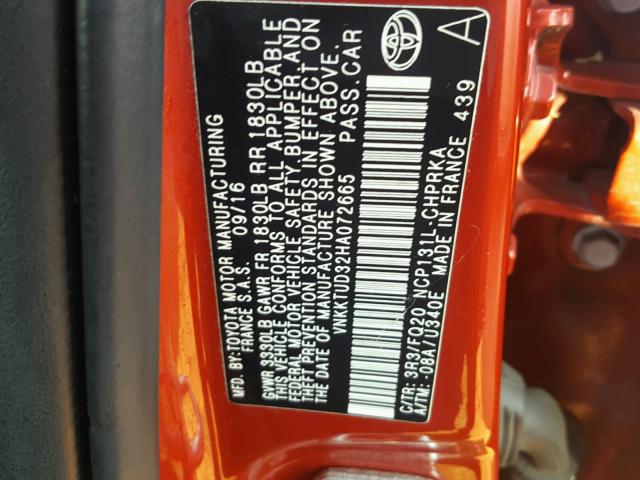 VNKKTUD32HA072665 - 2017 TOYOTA YARIS L RED photo 10