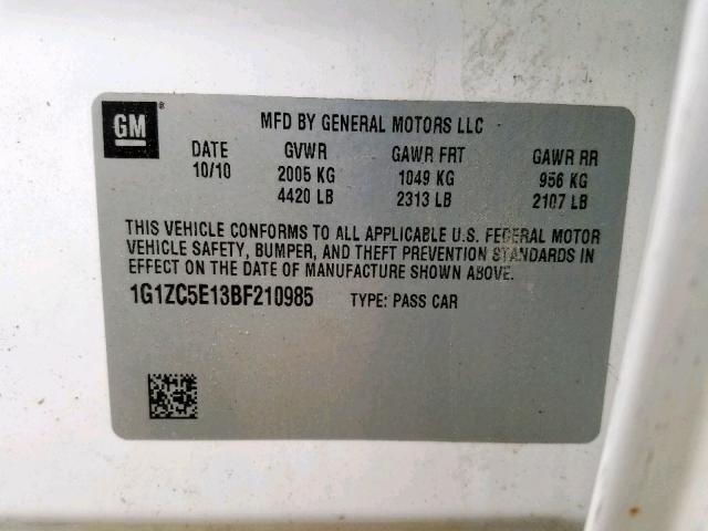 1G1ZC5E13BF210985 - 2011 CHEVROLET MALIBU 1LT 白色 照片 10