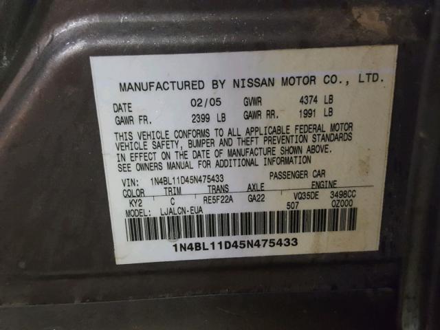 1N4BL11D45N475433 - 2005 NISSAN ALTIMA SE TAN photo 10