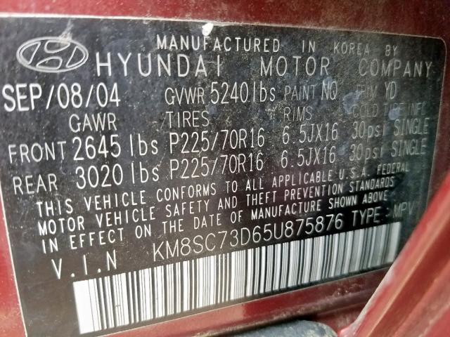 KM8SC73D65U875876 - 2005 HYUNDAI SANTA FE G BURGUNDY photo 10