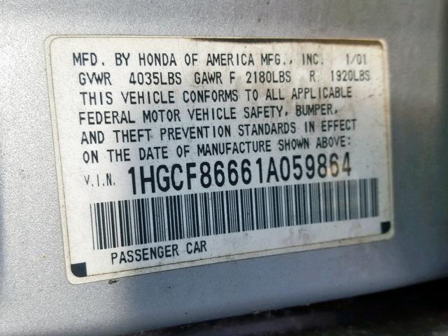 1HGCF86661A059864 - 2001 HONDA ACCORD VAL SILVER photo 10