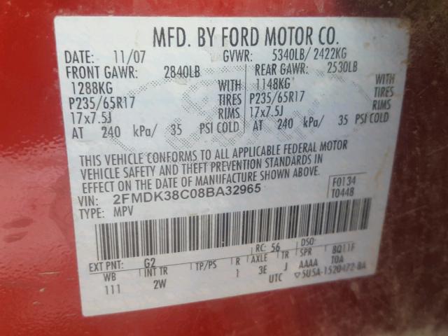 2FMDK38C08BA32965 - 2008 FORD EDGE SEL BURGUNDY photo 10