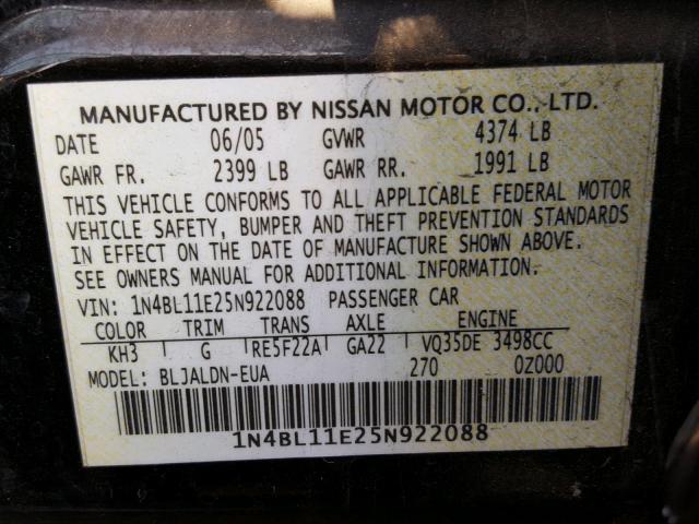 1N4BL11E25N922088 - 2005 NISSAN ALTIMA SE BLACK photo 10