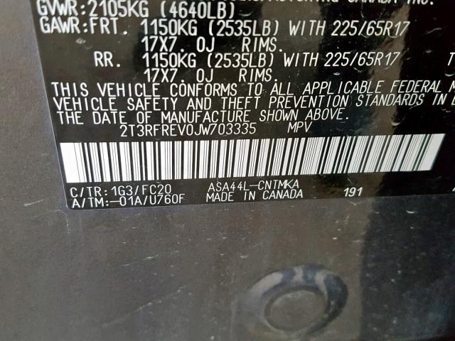 2T3RFREV0JW703335 - 2018 TOYOTA RAV4 ADVEN GRAY photo 10