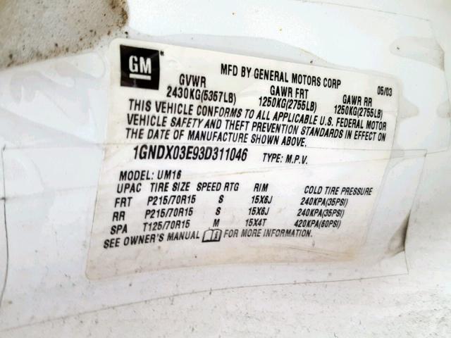 1GNDX03E93D311046 - 2003 CHEVROLET VENTURE WHITE photo 10