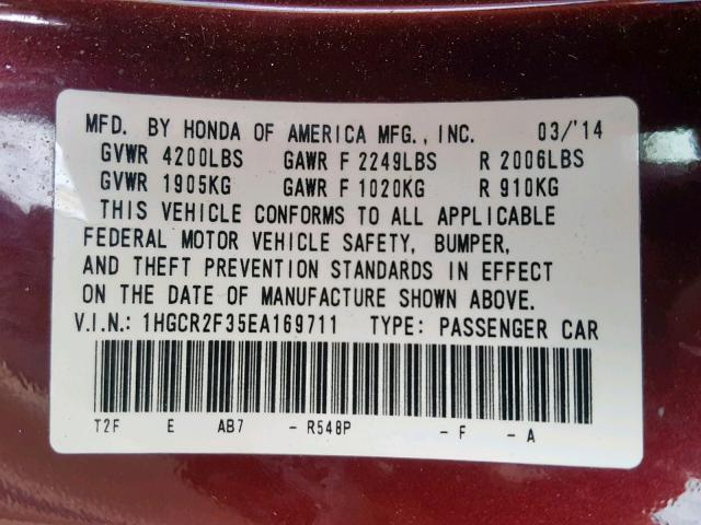 1HGCR2F35EA169711 - 2014 HONDA ACCORD LX BURGUNDY photo 10