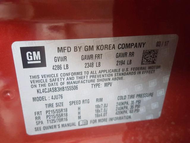 KL4CJASB3HB155506 - 2017 BUICK ENCORE PRE RED photo 10