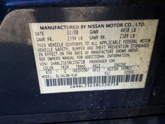 1N4BL21E58C226718 - 2008 NISSAN ALTIMA 3.5 GRAY photo 10