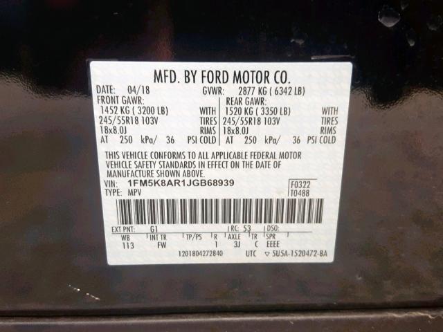 1FM5K8AR1JGB68939 - 2018 FORD EXPLORER P BLACK photo 10