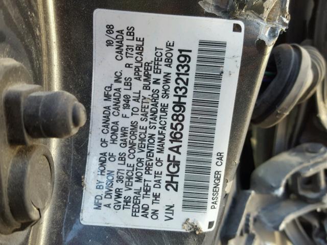 2HGFA16589H321391 - 2009 HONDA CIVIC LX GRAY photo 10