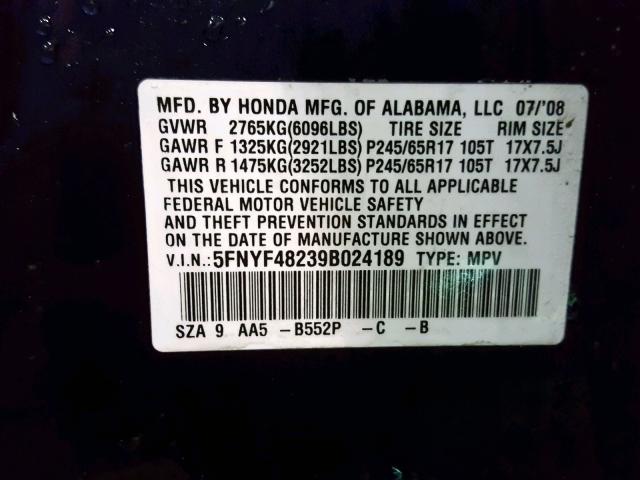 5FNYF48239B024189 - 2009 HONDA PILOT LX BLUE photo 10