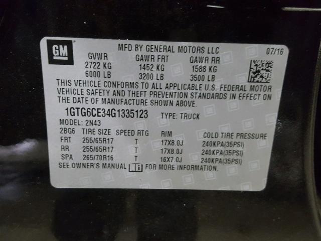 1GTG6CE34G1335123 - 2016 GMC CANYON SLE BLACK photo 10