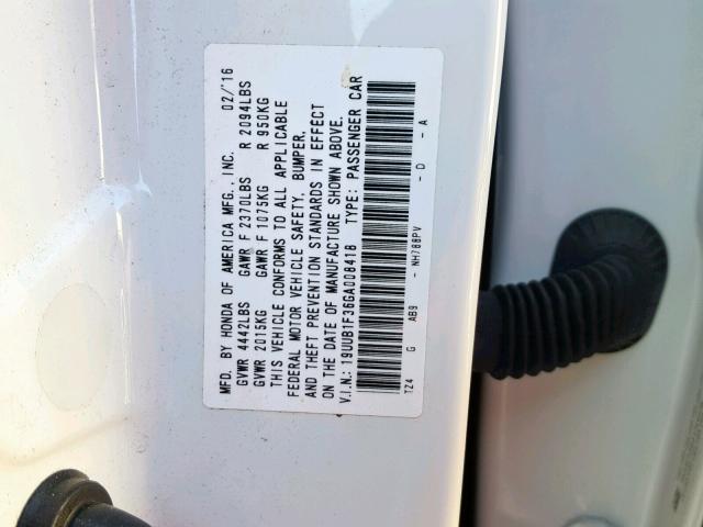 19UUB1F36GA008418 - 2016 ACURA TLX WHITE photo 10