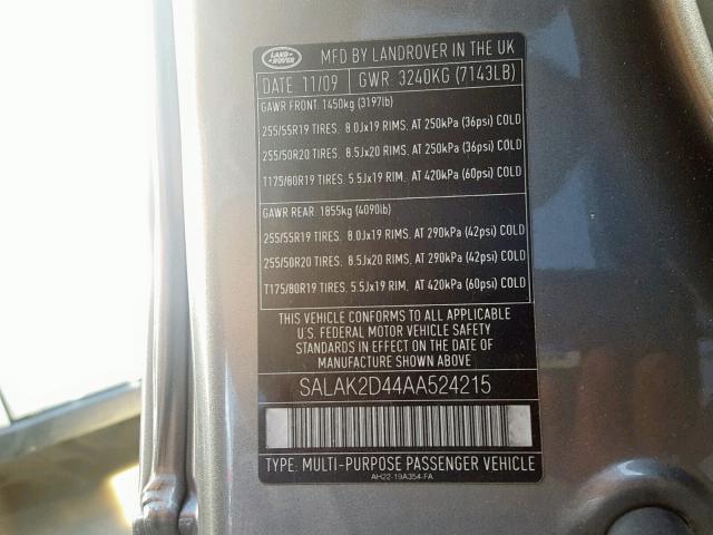 SALAK2D44AA524215 - 2010 LAND ROVER LR4 HSE LU GRAY photo 10