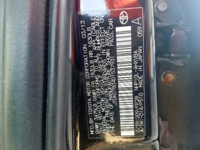 JTDKDTB34D1537931 - 2013 TOYOTA PRIUS C BLACK photo 10