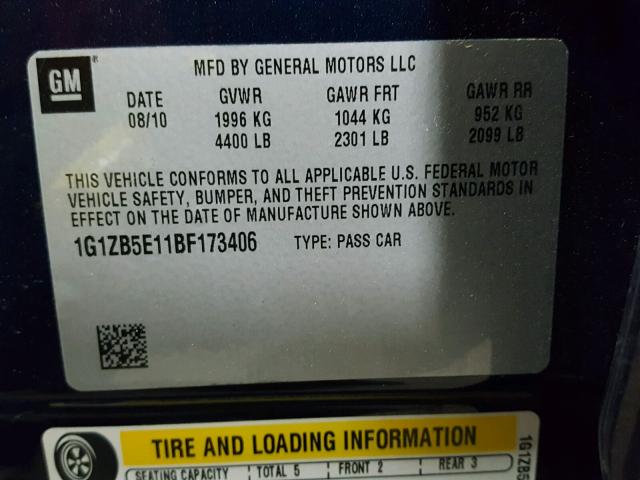 1G1ZB5E11BF173406 - 2011 CHEVROLET MALIBU LS 蓝色 照片 10