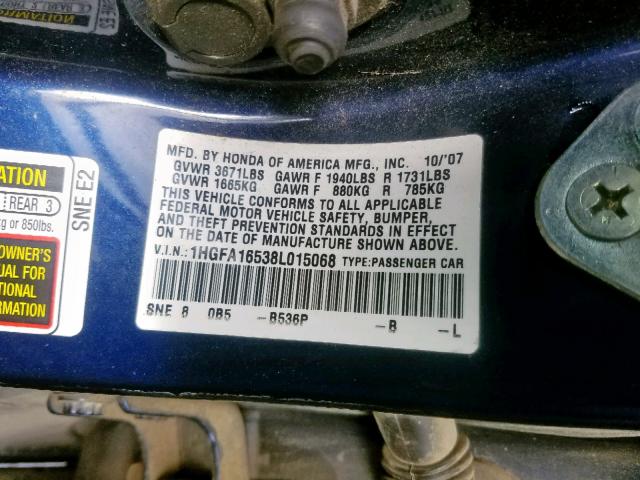 1HGFA16538L015068 - 2008 HONDA CIVIC LX BLUE photo 10