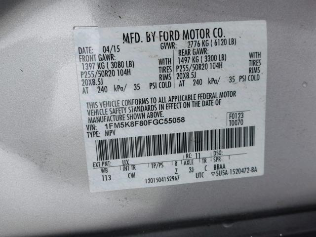 1FM5K8F80FGC55058 - 2015 FORD EXPLORER L SILVER photo 10