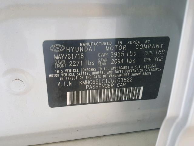 KMHC65LC1JU103822 - 2018 HYUNDAI IONIQ BLUE SILVER photo 10