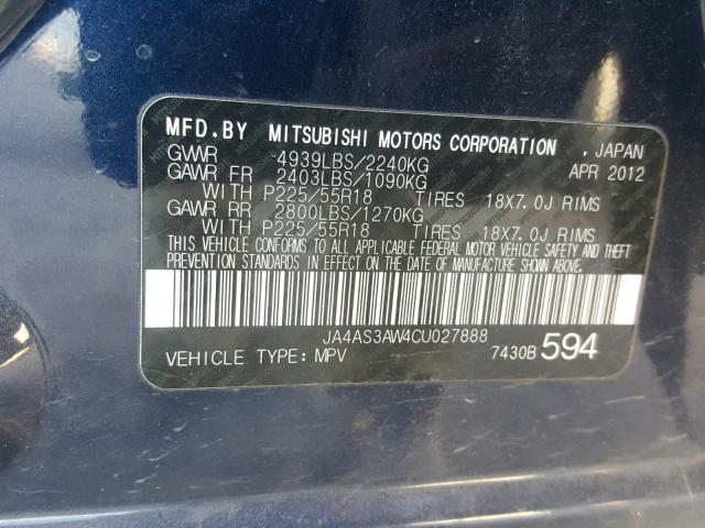 JA4AS3AW4CU027888 - 2012 MITSUBISHI OUTLANDER BLUE photo 10