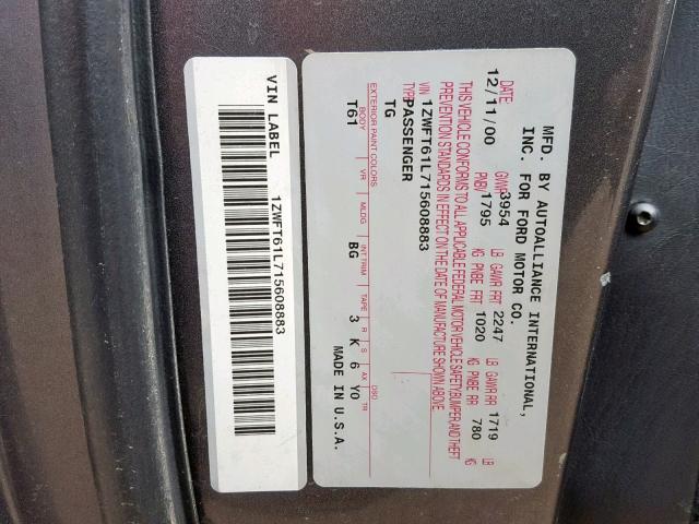 1ZWFT61L715608883 - 2001 MERCURY COUGAR V6 CHARCOAL photo 10