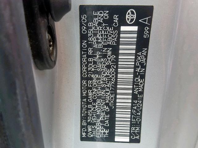 JTKDE177X60092179 - 2006 TOYOTA SCION TC 银色 照片 10