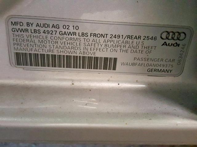 WAUBFAFL0AN049375 - 2010 AUDI A4 PREMIUM SILVER photo 10