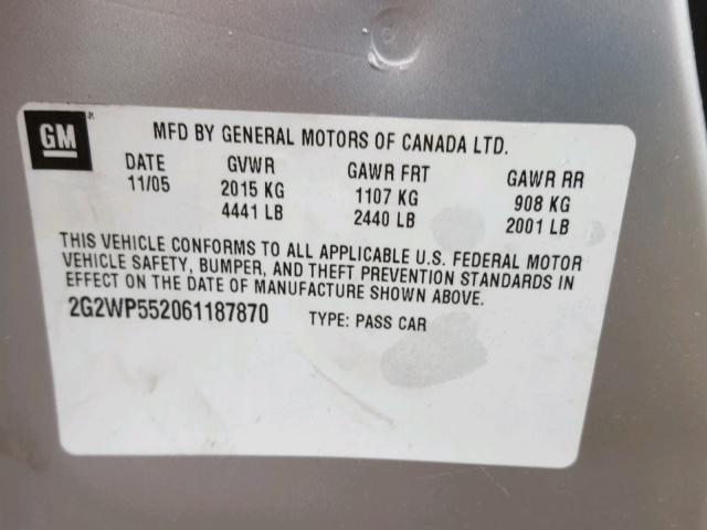 2G2WP552061187870 - 2006 PONTIAC GRAND PRIX SILVER photo 10